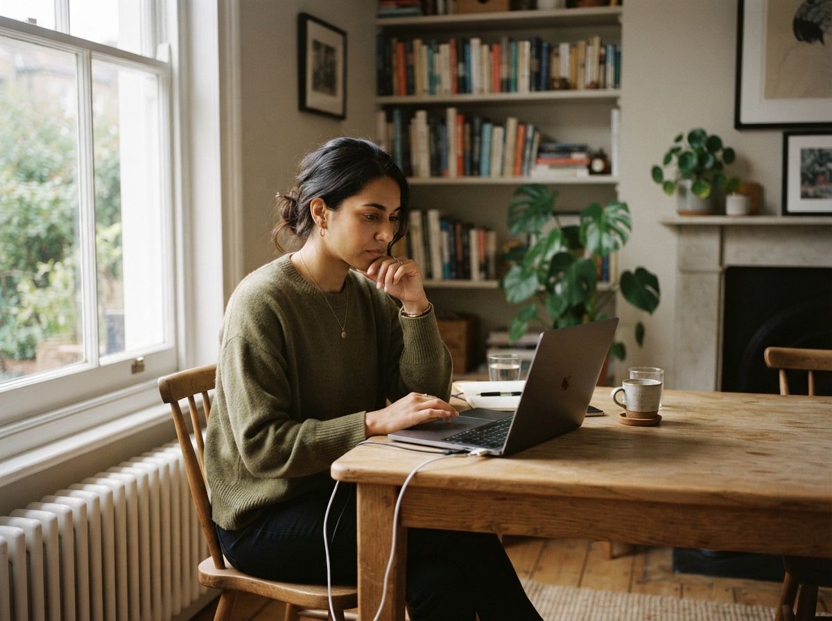 A woman at a table by a window, reading on a laptop at home.