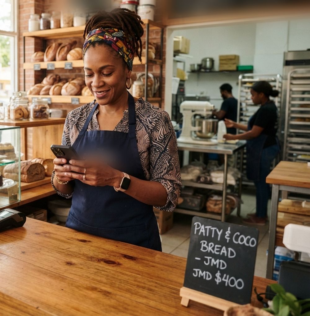 A bakery owner smiling at her phone behind the counter.